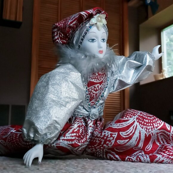 Other - Vintage Pierrot Clown Doll Porcelain head arms feet Red & Silver Metallic Outfit